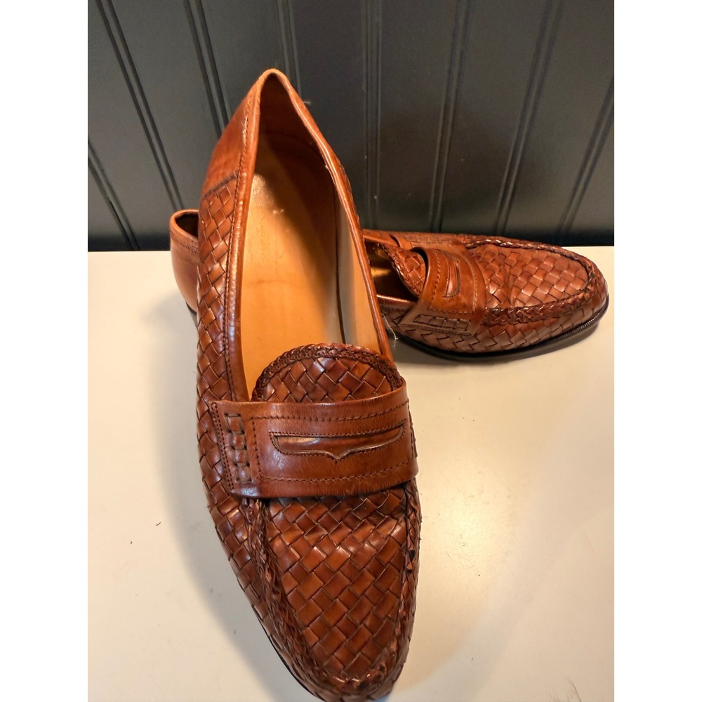 Johnston & Murphy Mens Woven Leather Penny Loafers Brown Made in Italy 9.5 M